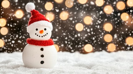Obraz premium A cheerful snowman with a red hat and scarf stands in a snowy landscape, surrounded by soft falling snow and festive lights.