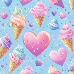 Pastel Ice Cream Hearts Pattern: A delightful seamless pattern featuring pastel-colored ice cream cones and hearts, perfect for various designs and applications.