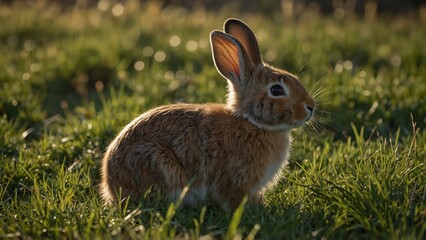 Fototapeta premium Peaceful Brown Rabbit Sitting in Green Grass Field Illuminated by Warm Sunrise or Sunset Light 