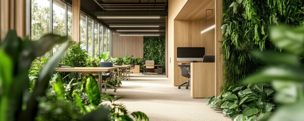 Fototapeta premium Modern eco-office with lush green plants in the foreground, open workspace in the background, emphasizing biophilic design and a natural work environment