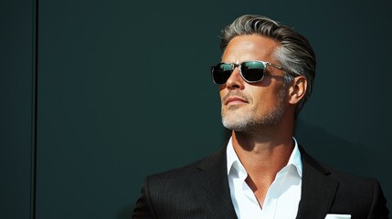 Obraz premium Confident man, city background, sunglasses, suit
