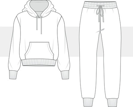 Unisex long sleeve hooded sweatshirt and sweat pants sleepwear set flat sketch vector illustration unisex sleep set cad mockup.