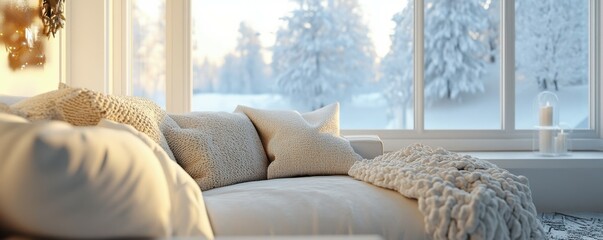 Scandinavian, hygge home interior design of modern living room. Cozy white sofa with pillows and blanket against window.