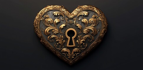 Ornate golden heart shaped padlock with keyhole on a dark background.