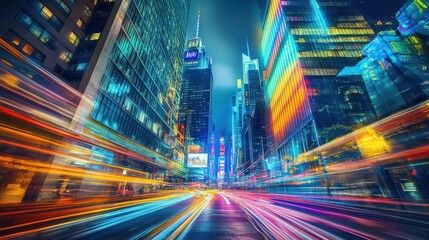 Fototapeta premium Vibrant cityscape at night showcasing colorful lights and dynamic motion.