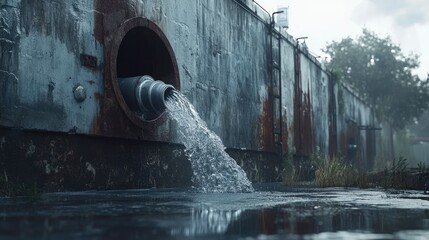 A metal drain pipe on a building exterior with rainwater flowing out