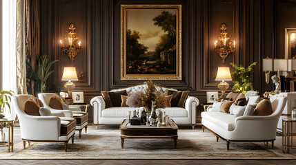 Elegant living room with neoclassical elements, including luxurious brown walls and white furniture. Luxurious living room decoration as a reference for arranging the room.