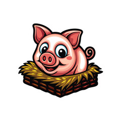 Illustrate a playful pig character with a mischievous grin and a playful pose, perhaps with a balloon or a toy. Focus on creating a charming and appealing cartoon-style icon.