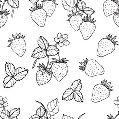 Seamless vector drawing of strawberry branches, leaves and flowers in monochrome style. The black and white contours create an elegant, minimalistic look suitable for various design projects.
