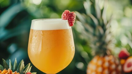 A refreshing cocktail garnished with fresh fruits and bubbles.