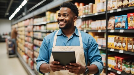Fototapeta premium , a man stands in a grocery store aisle filled with various packaged products. He is wearing a light blue shirt and an apron, suggesting that he is an employee.