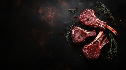 Fresh lamb and mutton cuts against a moody dark surface, offering a rustic feel with generous room for messaging.
