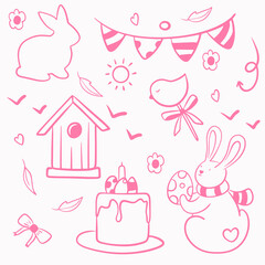 Set of vector pink line elements for Easter, pink elements on white background: basket with eggs, Easter cake, hare, lollipop in the form of a bird, flags, Easter eggs with ears for packaging design