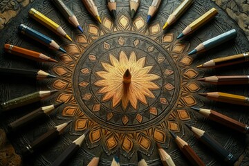 Obraz premium Colored pencils arranged around mandala-like design.