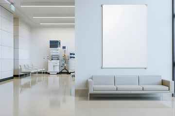 empty white poster mockup on a wall in a modern hospital waiting room, sleek design, bright lighting, minimalistic furniture, medical equipment in the background, clean lines. Generative Ai.