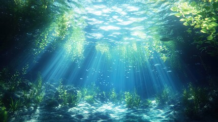 Fototapeta premium Underwater scene with sunlight filtering through clear blue water, tranquil and refreshing 