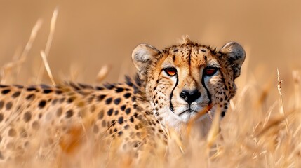 Cheetah in savanna grassland, alert gaze, golden light. Wildlife photography for nature documentaries