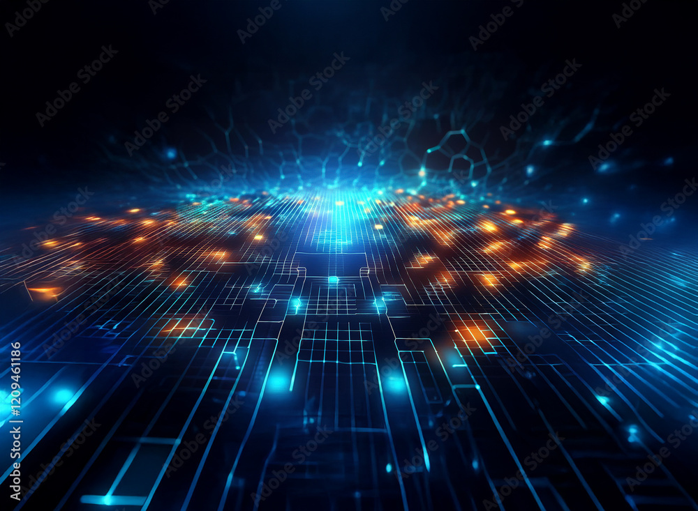 Poster abstract digital landscape with glowing blue and orange circuitry, suggesting technological innovati