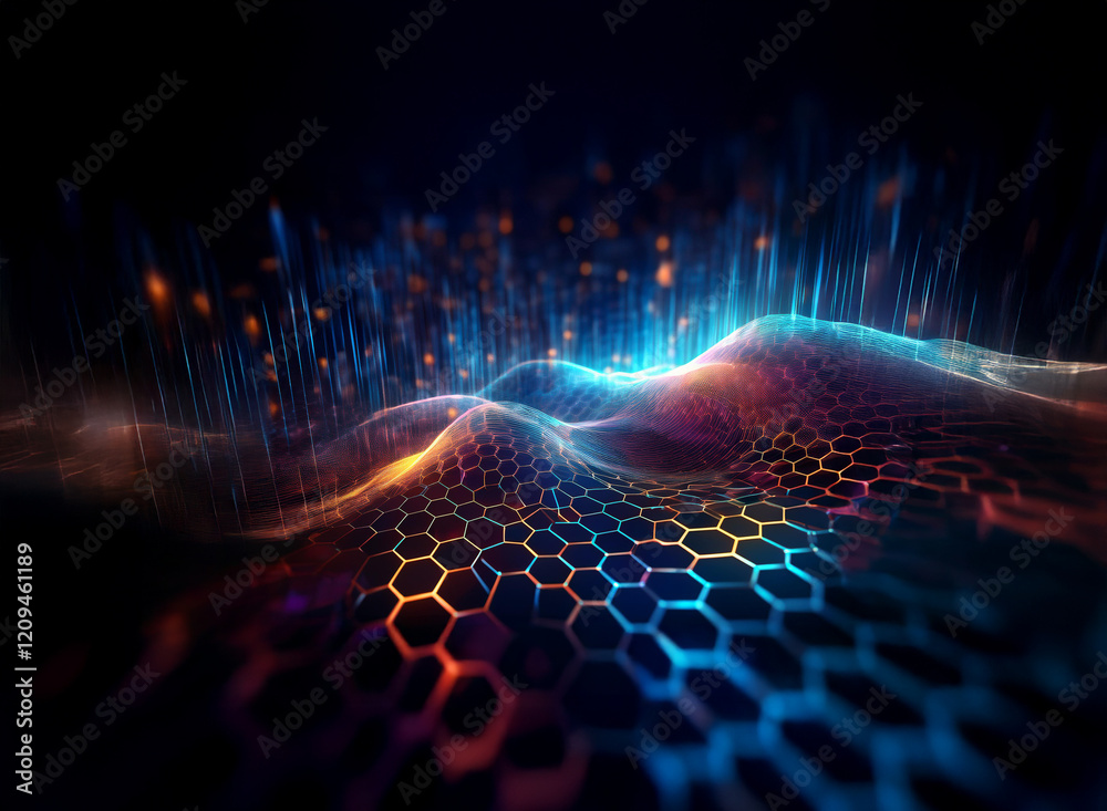 Aufkleber Abstract digital landscape. Vibrant, glowing hexagonal grid forms undulating waves.  Particles and light streaks emanate from below, creating a dynamic, futuristic scene.