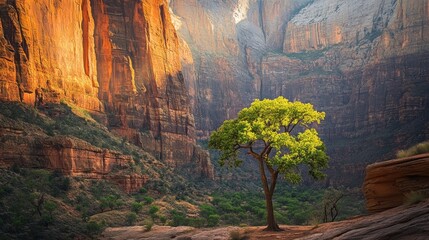 A Lone Tree Against Majestic Canyon Walls