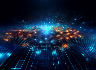 Abstract digital landscape with glowing blue and orange circuitry, suggesting technological innovation and network connectivity.  A futuristic, high-tech scene.