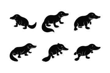 Platypus (Ornithorhynchus anatinus) mammal animal, labeled silhouette vector art illustration.