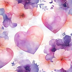 Floral Hearts Watercolor Pattern: A seamless pattern featuring delicate watercolor hearts in shades of purple and pink, interspersed with blossoming flowers in coordinating hues.