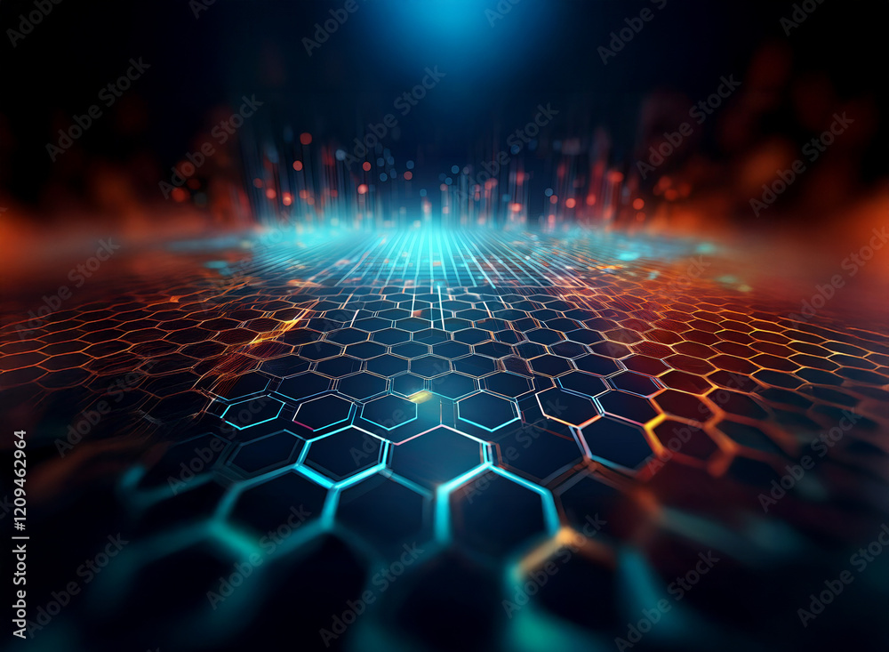 Poster abstract digital landscape with glowing hexagonal grid, futuristic city skyline, and vibrant energy 
