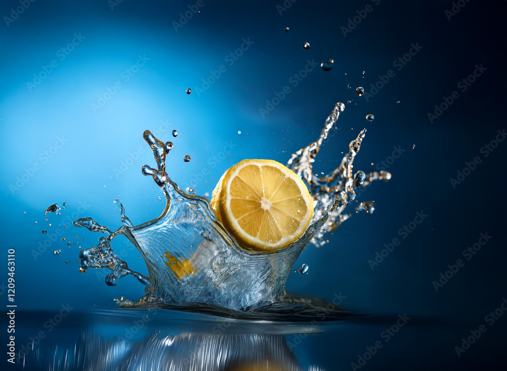 Aufkleber A lemon slice falls into water, creating a vibrant splash against a deep blue backdrop.  The ice cubes and water droplets are sharply in focus.