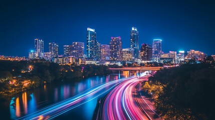 Obraz premium Austin Texas Skyline Night Cityscape Traffic Lights