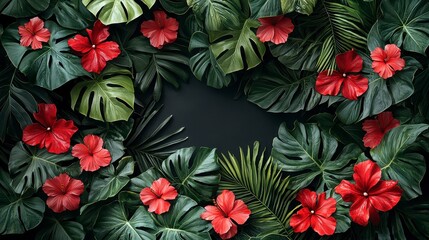 Lush tropical leaves and red hibiscus flowers frame a dark background.