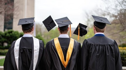 Graduates celebrate, tossing caps, campus background. Use Education, achievement