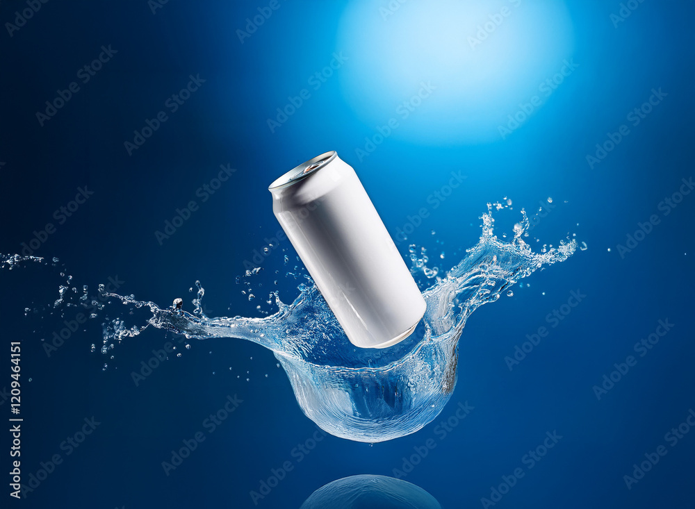 Aufkleber A pristine white aluminum can plunges into clear water, creating a dynamic splash against a deep blue backdrop.  The can's reflection is visible on the surface.