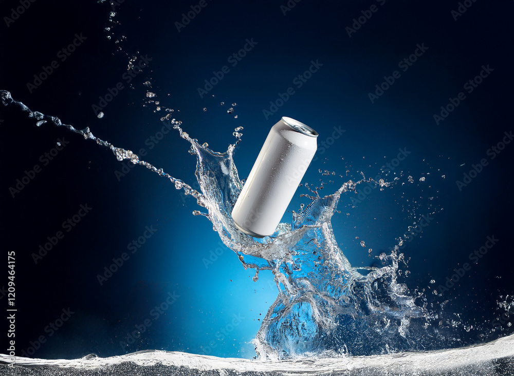 Poster A sleek, white aluminum can plunges into water, creating a dramatic splash and wave action against a dark blue backdrop.  The scene is dynamic and refreshing.