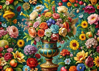 Ornate vase floral design: a repeating botanical print for luxurious, panoramic seamless wallpaper.