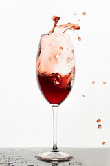 Red wine in glass. Splash of red wine or juice in glass. Transparent glass on white background with wine or juice. An isolated object.