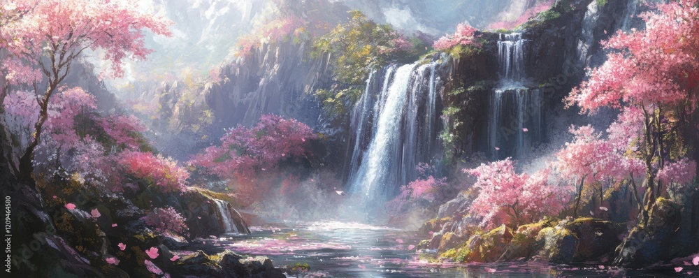 Wall mural A majestic waterfall cascading down a mountain of vibrant spring blossoms, symbolizing the rebirth of nature.