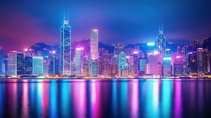 Fototapeta premium Vibrant skyline of Hong Kong illuminated at night, reflecting on calm waters.