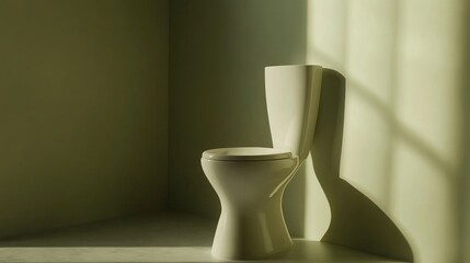 White ceramic toilet set against a muted olive green background for an earthy and calming atmosphere.