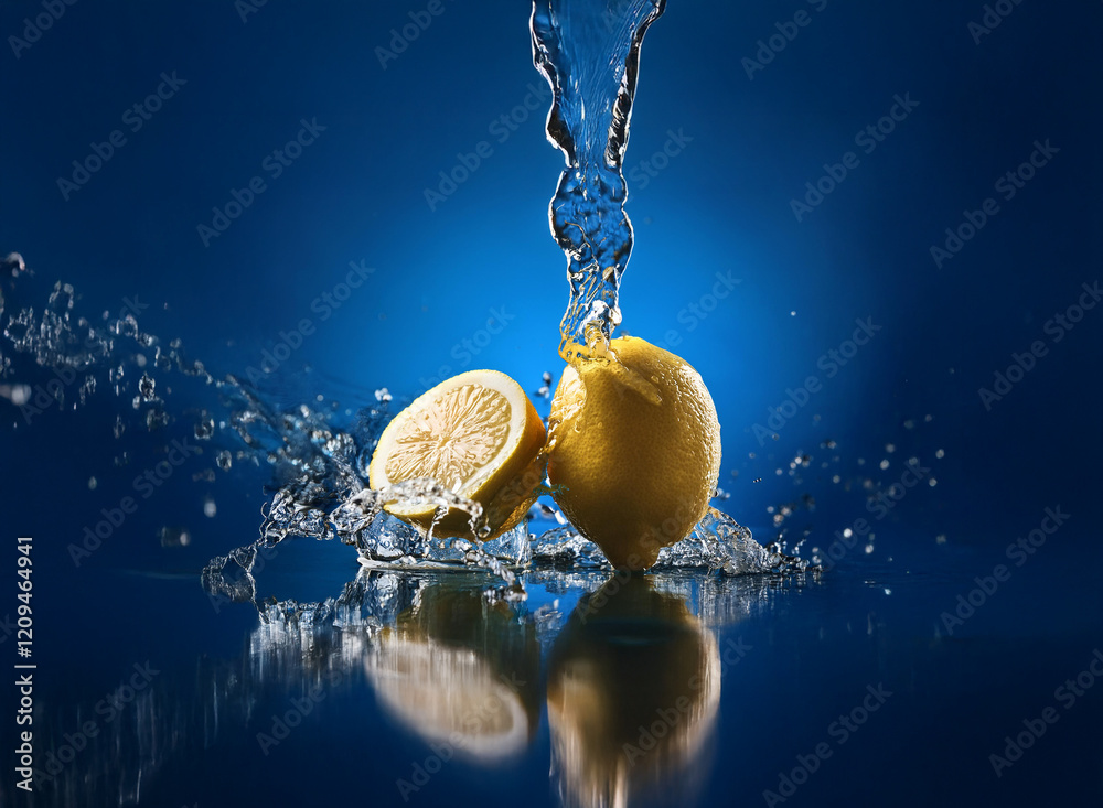 Poster a vibrant yellow lemon, halved and whole, sits amidst a dynamic splash of cascading water against a 