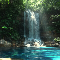 Naklejka premium Tropical Waterfall Cascading Into a Serene Emerald Pool Surrounded by Lush Greenery