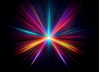 Vibrant, multicolored light rays burst from a central point, radiating outwards in a dazzling, starburst pattern against a dark background.  The effect is dynamic and energetic.