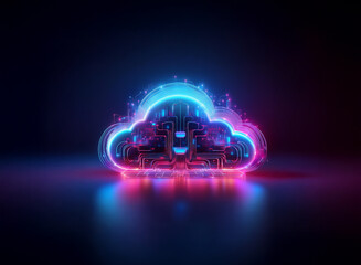 Glowing neon cloud symbol, vibrant pink and blue hues, digital circuitry embedded within, reflecting on dark surface.  Suggests digital storage and networking.