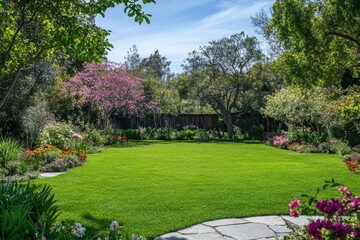 Fototapeta premium Lush garden landscape with soft-focus effect in a vibrant spring setting, showcasing an inviting lawn under the warm afternoon sun. Perfect for outdoor lifestyle imagery