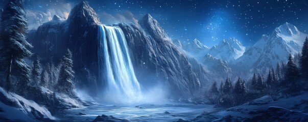 Fototapeta premium A majestic waterfall cascading down a mountain of glowing ice during the aurora borealis.
