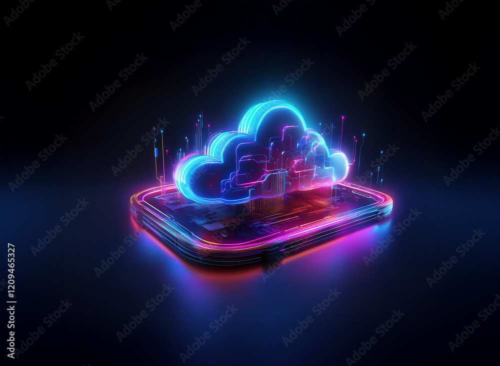 Poster neon glowing cloud symbol hovers above a digital platform, representing cloud computing and data sto