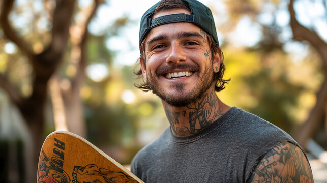 Smiling young man with tattoos on face and neck outdoors with skateboard. - Powered by Adobe
