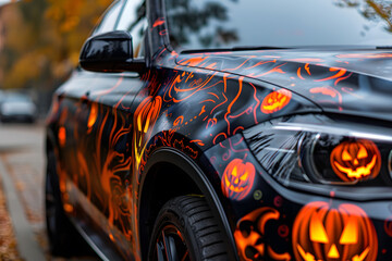 Halloween car wrap mockup featuring intricate pumpkin and skull designs. Generative Ai.