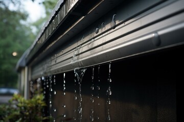 Water dripping from a metal awning during rainfall, providing shelter and protection from the elements