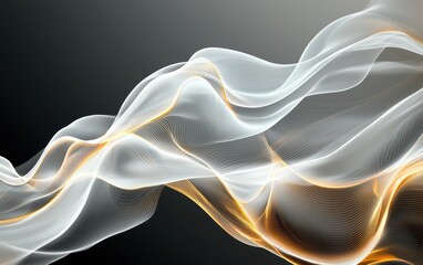 Naklejka premium Flowing white and gold lines forming elegant swirls, glowing softly on a gradient black-to-gray background